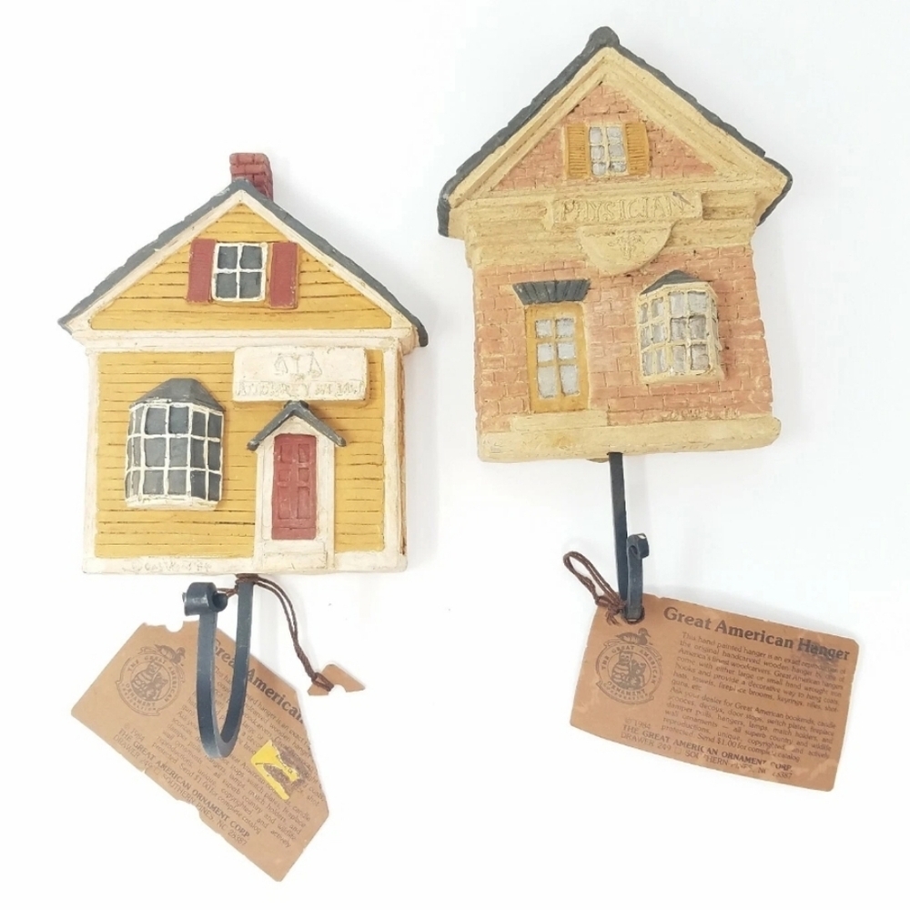 Vtg Great American hanger wood carved hand painted iron hook home decor set of 2